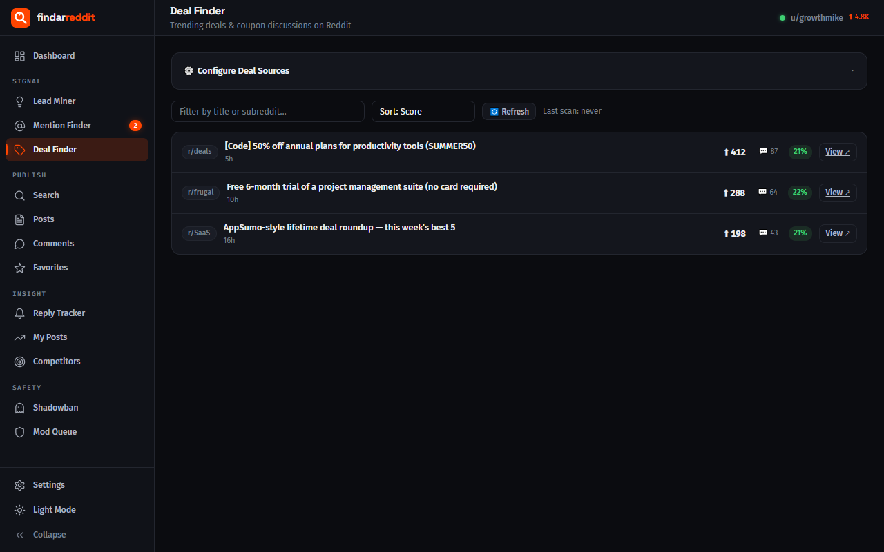 Deal Finder feed with scored deal threads