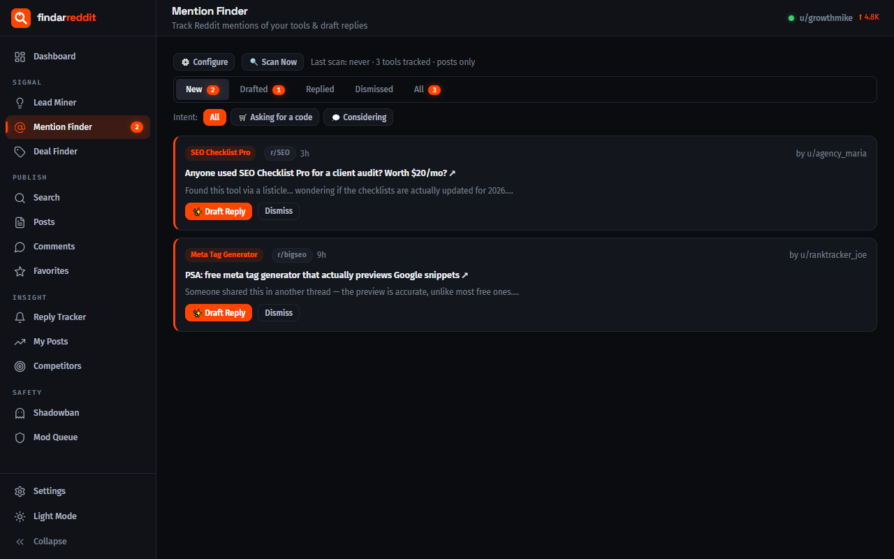 Mention Finder inbox with new mention cards and draft replies